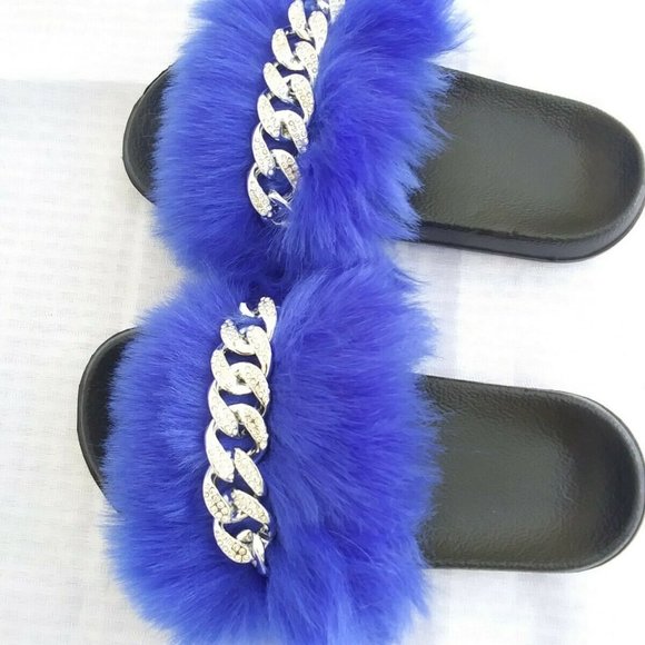Royal Blue Faux Fur Slides/Slippers/With Chain - Picture 5 of 7